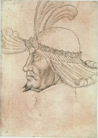 Head of a bearded man, seen in profile, wearing a helmet decorated with feathers, Pisanello