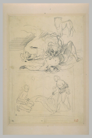 Delacroix - Lion dévorant un cadavre et deux personnages près d'un mort, RF 10037, Recto, Eugène Delacroix