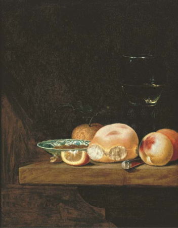 Pieter Janssens Elinga - Still life with bread, peaches, orange, lemon, a porcelain dish with nuts, knife and roemer 2005 CKS 07036 0103 095438, Pieter Janssens Elinga, circa 1640-1680