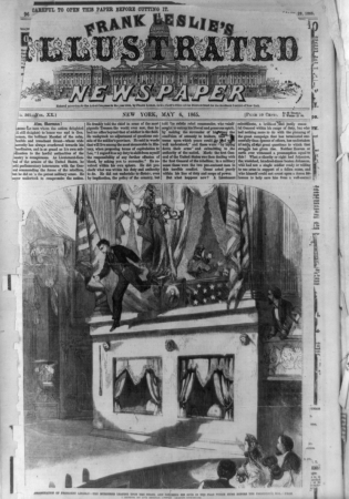 Assassination of President Lincoln - the murderer leaping upon the stage, and catching his spur in the flag which hung before the president's box LCCN2001697352, Frank Leslie, 1865