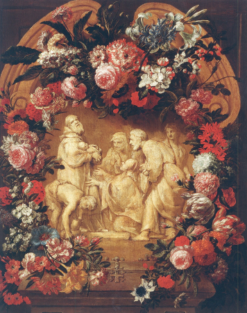 Garland of flowers surrounding a cartouche of the Presentation of Jesus at the Temple, Jan Baptist Bosschaert, between 1701 and 1710