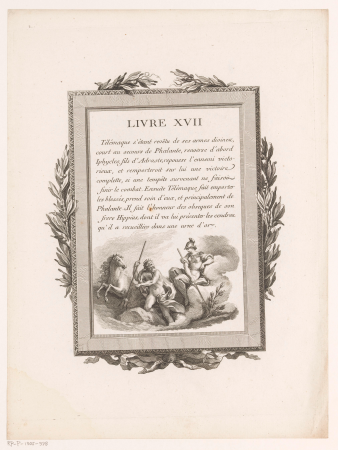 Omkaderde Franse tekst met olijftakken en Poseidon en Athena, RP-P-1905-978, Jean-Baptiste Tilliard, 1785