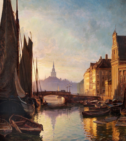 The canal at Holmens Bro (bridge). In the background the spire of the Helligåndskirken. Sunset in May, Christian Mølsted, 1902