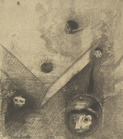 On backdrop of our nights God with His knowing finger traces a multiform implacable nightmare, Odilon Redon, 1890