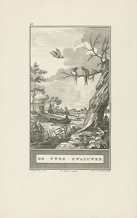 Zwaluwen op een boomtak De twee zwaluwen (titel op object), RP-P-1907-4679, Noach van der Meer, 1777