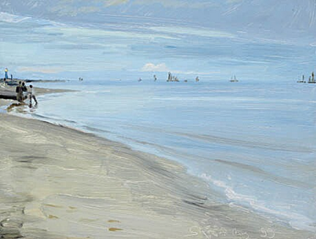 Beach scene from Skagen. Fishermen standing at a boat. The lighthouse is lit., Peder Severin Krøyer, 18 August 1899