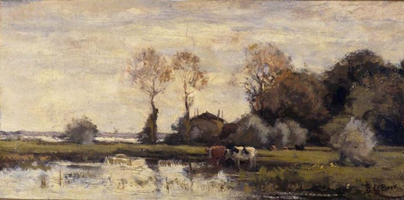 Landscape with cows at a pond, Théophile de Bock, between 1870 and 1899