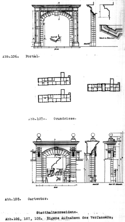 Paul Sültenfuß (1872-1937), Das Düsseldorfer Wohnhaus bis zur Mitte des 19. Jahrhunderts, (Diss. TH Aachen), 1922, Details zur Statthalterresidenz, Abb.106 Portal, Abb. 107 Grundrisse, Abb. 108 Gartentor