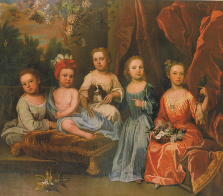 A portrait group of the Smith children on a terrace with a spaniel, basket of flowers and a parakeet., James Maubert, circa 1718