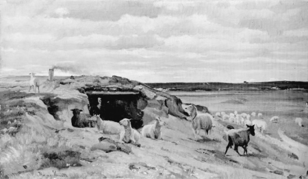 Flock of sheep in front of a cave with people, Hans Smidth, between 1854 and 1917