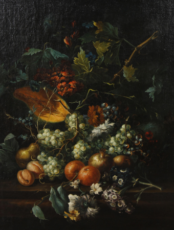 Still life of grapes, a pumpkin, pomegranates, primroses and other flowers on a table ledge, Ernst Stuven