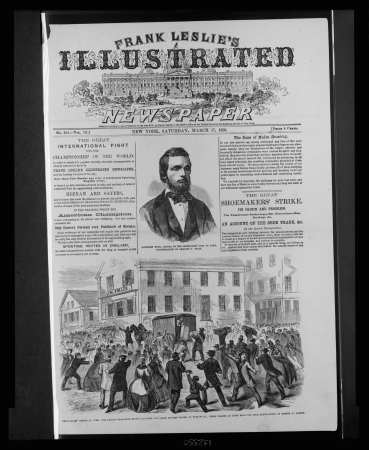 Shoemakers' strike at Lynn - The rioters attacking Floyd's Danvers and Salem Express Wagon, in Willow St., while taking in goods from the shoe manufactory of George W. Massey LCCN2002735877, Frank Leslie, 17 March 1860