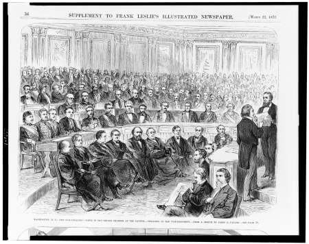 Washington, D.C.-the inauguration-scene in the Senate chamber at the Capitol-swearing in the vice-president - from a sketch by James E. Taylor. LCCN93513515, 1873