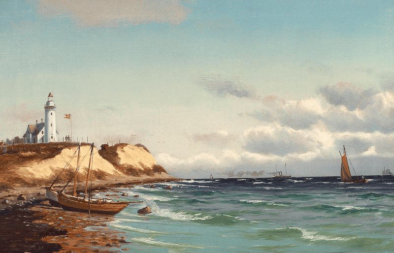 View of a coast with cliffs, ships and a lighthouse., Johan Jens Neumann, between 1878 and 1940