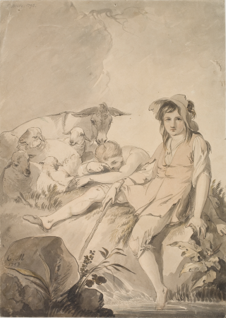 Two shepherds resting with their flock by a trickling stream, Conrad Martin Metz, 1793