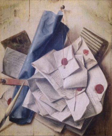 Trompe l'oeil, a quodlibet with letters and a roll of blue paper, Cornelis Norbertus Gijsbrechts, 1675