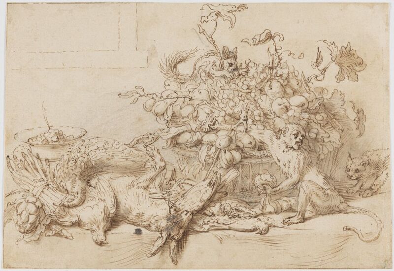 Still Life of Game, Fruit, and Vegetables, with a Monkey, a Squirrel, and a Cat, Frans Snyders, between 1630 and 1639