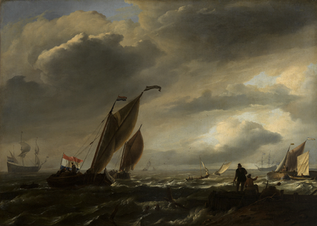 Ships on choppy water, in the foreground two men on a quay, Ludolf Bakhuizen, between 1646 and 1708