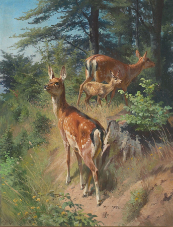 Forest scene with two deer and a fawn., Adolf Mackeprang, 1910