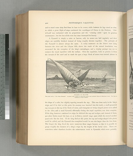 The pyramid of Meydûm. The Arabs call it "The False Pyramid." Its outer walls consist of admirably jointed and polished blocks of Mukattam stone. The base is hidden by a heap of debris., 1881