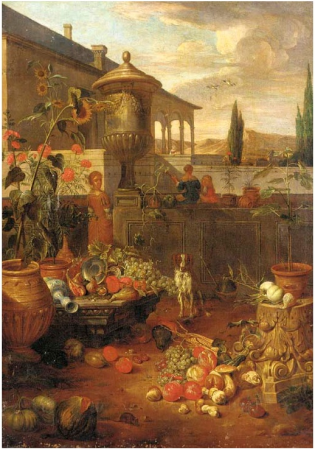 An Italianate villa and garden with figures, a still life of fruit and vegetables in the foreground, cypress trees and mountains beyond, Dirk Valkenburg, between 1658 and 1694