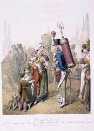 Tableau de Paris. Le pont Notre-Dame, une bonne d’enfans, le marchand de coco (de tysane), le tableau Vieux, le charboni, D.8570, between 1814 and 1831