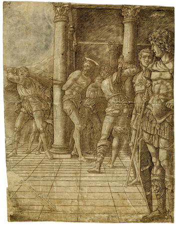 Mantegna - School ofstyle of - The flagellation of Christ, who is bound to a column in the corner of a portico being beaten by three men and watched by three Roman soldiers, V,1.51, Andrea Mantegna