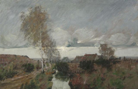 Moor landscape with birch trees by a watercourse and farmhouses, alternatively: autumn evening in front of a village on the backwater, Wilhelm Lucas, 1911