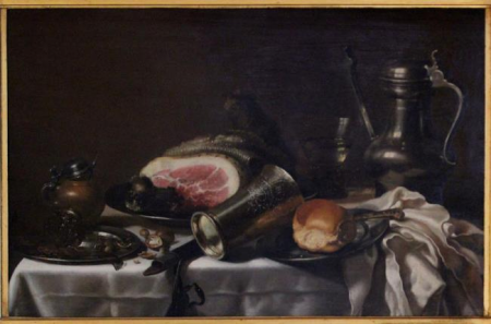 Still life with a ham, a Jan Steen jug, mustard jar and silver cup, Pieter Claesz, between 1639 and 1675