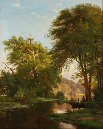 A man and a boy fishing from a boat by the bank of a stream, Carl Frederik Aagaard, 1877
