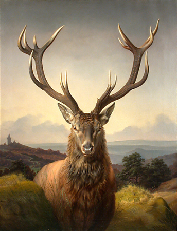Deer in the mountains in front of a deep landscape, Carl Friedrich Deiker