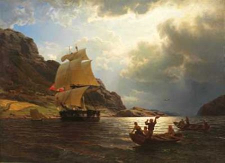 Returning whaling ship in a Norwegian port, Hans Gude, 1869