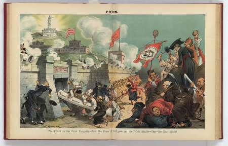 The attack on our outer ramparts - first the house of refuge - then the public schools - then - the Constitution! LCCN2011661440, 1885