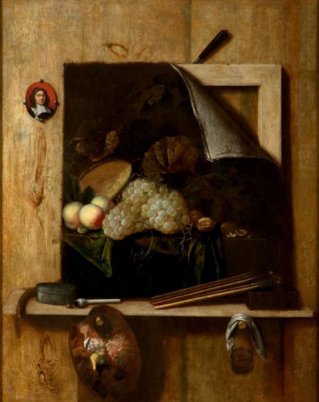 Cornelis Norbertus Gijsbrechts - Trompe l´oeil still life with a painting of fruit upon a ledge with a palette and brushes and a self portrait, Cornelis Norbertus Gijsbrechts, 1663