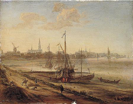 The estuary of the Schelde with a Mediterranean galley beached, and a distant view of Antwerp, Gillis Neyts, between 1643 and 1687