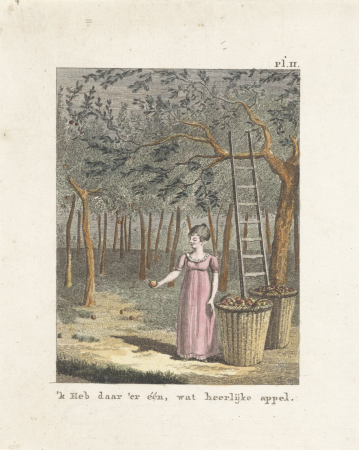 Meisje in een appelboomgaard 'k Heb daar 'er één, wat heerlijke appel (titel op object), RP-P-OB-61.092, Izaak Jansz. de Wit, 1806