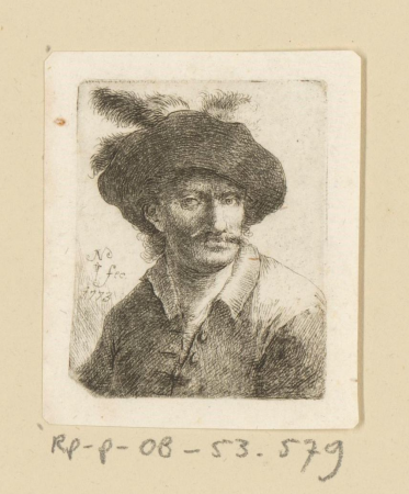 Man met snor en muts met veren, RP-P-OB-53.579, Johann Andreas Benjamin Nothnagel, 1773