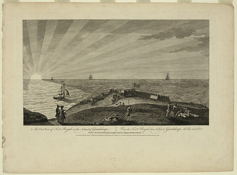 An east view of Fort Royal in the Island of Guadaloupe - Vue du Fort Royal, dans l'Isle de Guadaloupe, du Cote de l'Est, drawn on the spot by Lieut Arch Campbell Engineer, engraved by Peter Mazell, circa 1760