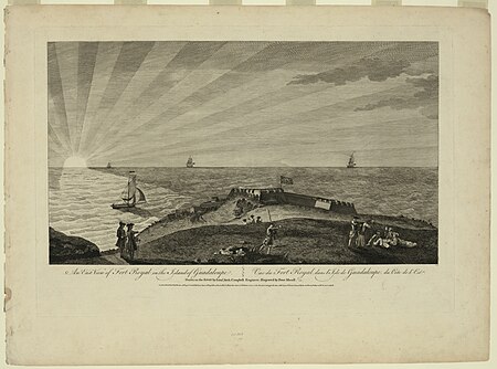An east view of Fort Royal in the Island of Guadaloupe - Vue du Fort Royal, dans l'Isle de Guadaloupe, du Cote de l'Est, drawn on the spot by Lieut Arch Campbell Engineer, engraved by Peter Mazell, circa 1760