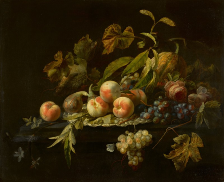 STILL LIFE OF PEACHES, A FIG, A WATERMELON, BUNCHES OF GRAPES AND A ROSE ARRANGED ON AND AROUND A SILVER DISH ON A LEDGE, Herman Verelst