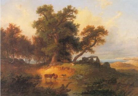 Oak trees and megalithic graves on the beach in Rügen, Ferdinand Konrad Bellermann, circa 1880