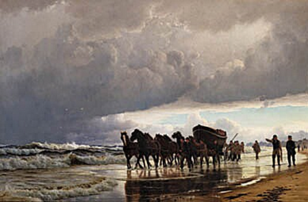 The lifeboat is brought to the beach near the foundered ship. Scene from the west coast of Jutland., Christian Blache, 1871
