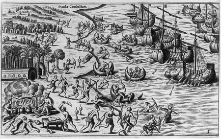 "Insula Canibalium" - Indians attacking fleet of Spanish ships; scene of cannibalism in left fg. LCCN2006691903, 1492