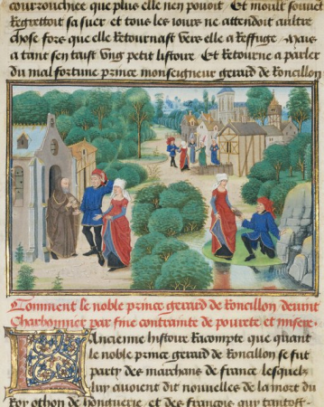 Loyset Liédet (Flemish) and Pol Fruit. Gerard and Bertha Find Sustenance at a Hermitage, written 1463 -1465; illuminated 1467 - 1472. Tempera colors, gold leaf, and gold paint on parchment, Loyset Liédet