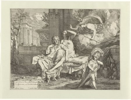 Hermes beveelt Calypso, Odysseus te laten vertrekken Mercurius beveelt Calypso om Odysseus te laten vertrekken, RP-P-1878-A-1192, Gerard Valck, 1670