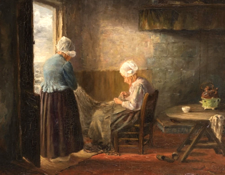 Simon Duiker - Netten boetende vissersvrouwen in interieur, Simon Duiker, circa 1900
