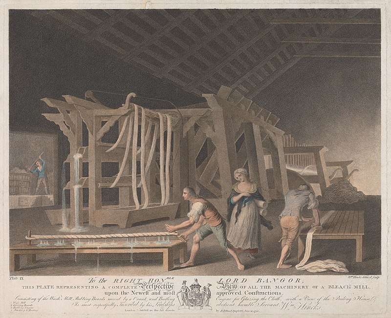 Plate IX: Perspective View of all the Machinery of a Bleach Mill, upon the Newest and Most approved Constructions, Consisting of the Wash Mill, Rubbing Boards moved by a Crank, and Beetling Engine for, William Hincks, 1791