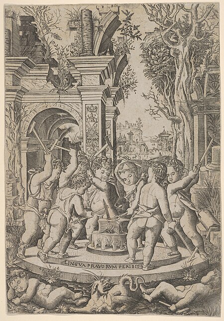 The fate of an evil tongue; seven putti stand around an anvil on which they hammer a tongue, landscape and architecture behind, circa 1507