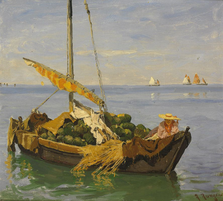 Venetian lagoon with ships, in the foreground a trader with melons in a boat, Julius Runge