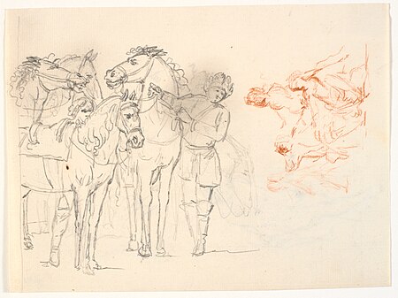 Two sketches. TV a pencil sketch of horses and two men. T.h. a red chalk sketch with a group of figures, Christian August Lorentzen
